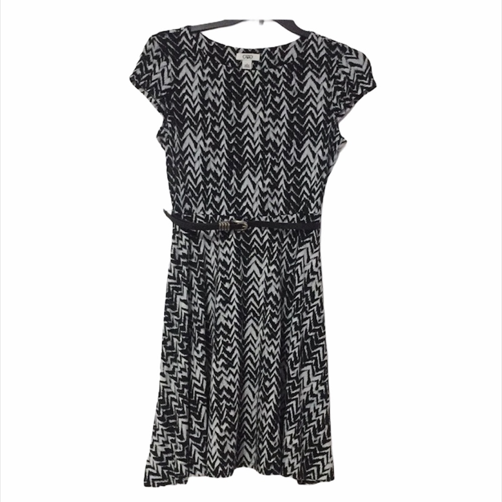 Black/Grey/White Fit and Flare Belted Dress